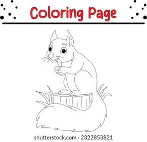 Squirrel Coloring Page. Colorless funny cartoon squirrel with acorn in his hand. Vector illustration.