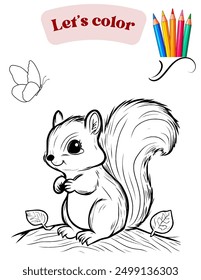 Squirrel coloring page for kids. Vector illustration. Coloring page for education