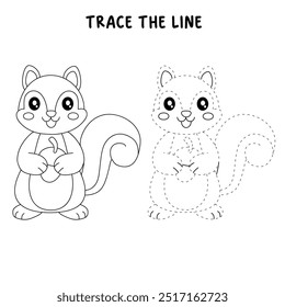 Squirrel coloring pages for kids. Trace and color Squirrel. Coloring page animal outline of cute Squirrel tracing worksheet. Kindergarten and preschool activity. Squirrel Autumn holiday season vector.