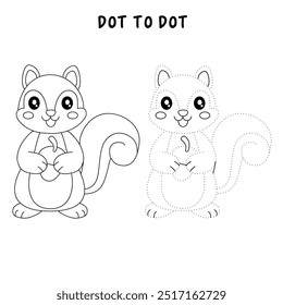 Squirrel coloring pages for kids. Trace and color Squirrel. Coloring page animal outline of cute Squirrel tracing worksheet. Kindergarten and preschool activity. Squirrel Autumn holiday season vector.