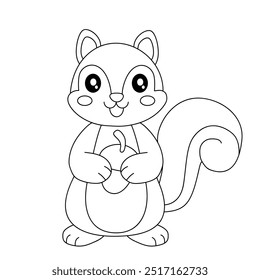 Squirrel coloring pages for kids. Trace and color Squirrel. Coloring page animal outline of cute Squirrel tracing worksheet. Kindergarten and preschool activity. Squirrel Autumn holiday season vector.