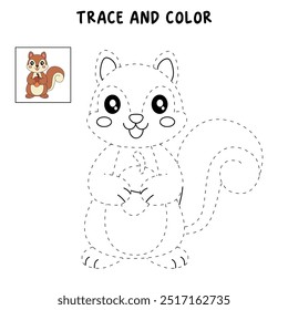 Squirrel coloring pages for kids. Trace and color deer. Coloring page animal outline of cute Squirrel tracing worksheet. Kindergarten and preschool activity. Squirrel Autumn holiday season vector.