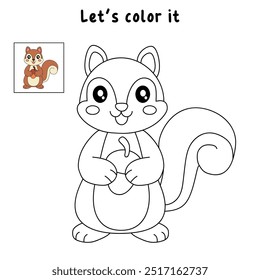 Squirrel coloring pages for kids. Trace and color deer. Coloring page animal outline of cute Squirrel tracing worksheet. Kindergarten and preschool activity. Squirrel Autumn holiday season vector.