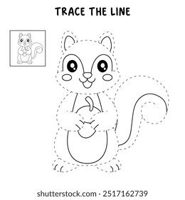 Squirrel coloring pages for kids. Trace and color Squirrel. Coloring page animal outline of cute Squirrel tracing worksheet. Kindergarten and preschool activity. Squirrel Autumn holiday season vector.
