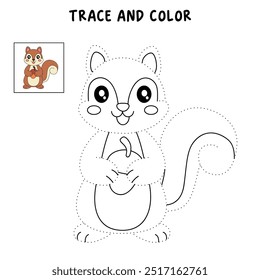 Squirrel coloring pages for kids. Trace and color Squirrel. Coloring page animal outline of cute Squirrel tracing worksheet. Kindergarten and preschool activity. Squirrel Autumn holiday season vector.