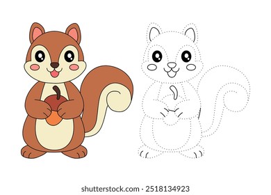 Dibujos para colorear de ardilla para niños. Trazo y color ciervo. Dibujo para colorear contorno animal de la linda hoja de cálculo de rastreo de ardilla. Actividades de jardín de infantes y preescolar. Ardilla Otoño Vector de temporada de vacaciones.