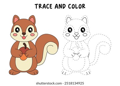 Squirrel coloring pages for kids. Trace and color Squirrel. Coloring page animal outline of cute Squirrel tracing worksheet. Kindergarten and preschool activity. Squirrel Autumn holiday season vector.