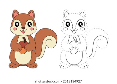 Squirrel coloring pages for kids. Trace and color deer. Coloring page animal outline of cute Squirrel tracing worksheet. Kindergarten and preschool activity. Squirrel Autumn holiday season vector.