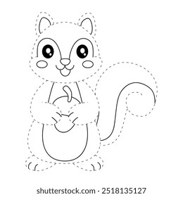 Squirrel coloring pages for kids. Trace and color Squirrel. Coloring page animal outline of cute Squirrel tracing worksheet. Kindergarten and preschool activity. Squirrel Autumn holiday season vector.