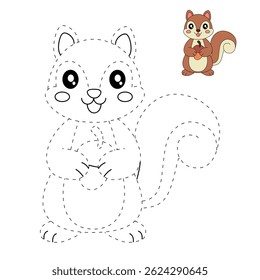 Squirrel coloring pages for kids. Trace and color Squirrel. Coloring page animal outline of cute Squirrel tracing worksheet. Squirrel Autumn holiday season vector. Autumn forest animals. 