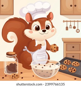 Squirrel cook in the kitchen bakes cookies with chocolate chips. Cooking sweet cookies, chef's hat, rodent animal. Cute cartoon style. Full-length vector illustration.