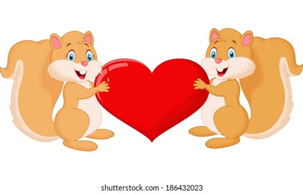 Squirrel couple holding red heart