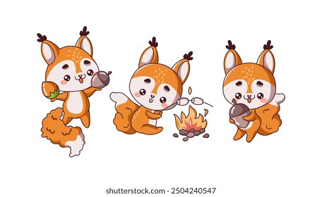 Squirrel cubs in situations with food flat color vector illustrations set. Kawaii wild rodents experiencing moments collection icons on white