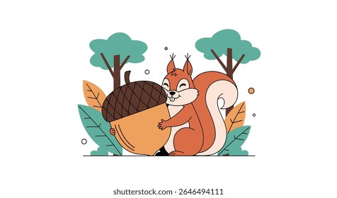 Esquilo abraçando uma bolota com silhueta de árvore floresta ilustração vetor arte design