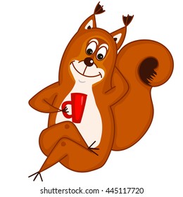 squirrel with cup of tea, decorative animal illustration,