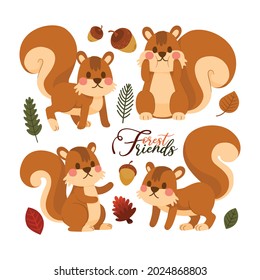 Squirrel Cute Character Forest Animal Cartoon Set Design, Vector, Illustration