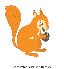 Squirrel cute character with pistachio nut. Vector print illustration isolated on white background.