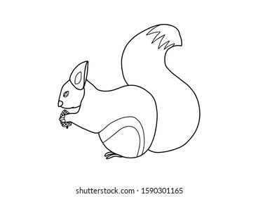 Squirrel cute coloring book. Doodle childish education games. Animal isolated on white background. Outline stock art.Hand drawn sketch for adult antistress coloring page, t shirt emblem,print, tattoo.
