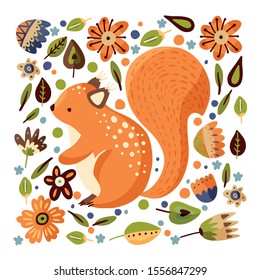 Squirrel cute forest illustration in a flat style. Funny woodland art. Ornate square vector illustration with floral botanical elements.