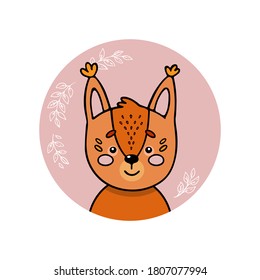 Squirrel. Cute funny hand drawn animal sticker or label. Cartoon doodle sketch style. Vector illustration for print: card, banner, poster, baby cloth, sticker, interior elements for nursery.