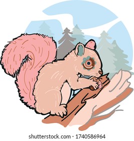 squirrel with a cyber eye on a tree in the forest