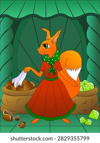 A squirrel dances and gnaws nuts, a character from the fairy tale about Tsar Saltan.