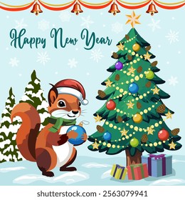 The squirrel is decorating the Christmas tree.Vector illustration with a squirrel in a Santa hat and a decorated Christmas tree on a colored background with New Year text.