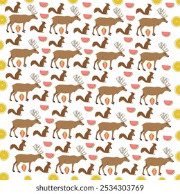 squirrel, deer with fruit as a pattern background