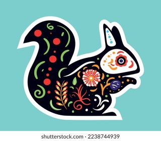 Squirrel dia de muertos icon. Forest inhabitant in abstract silhouettes of bright flowers. Graphic element for printing on fabric. Traditional Latin American festival. Cartoon flat vector illustration