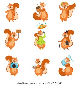 Squirrel Different Activities Set Of Girly Character Stickers