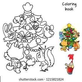 Squirrel, dog, cat and rabbit around Christmas tree. Coloring book. Cartoon vector illustration
