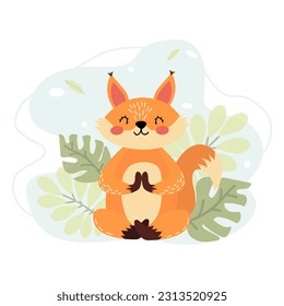 Squirrel doing yoga in the woods. Vector illustration of a meditating animal. Cute squirrel in cartoon style on the background of leaves. Creative illustration. T-shirt print. Isolated background.