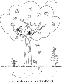 Squirrel doodle. Squirrel with a nut sitting on the tee. Vector illustration