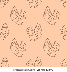 Squirrel Doodle Seamless Pattern. Hand drawn minimalist wildlife animal background. Woodland repeat vector illustration