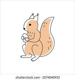 The squirrel is drawn with a black line with a light orange spot. Isolated on white background. Line art. Vector illustration.