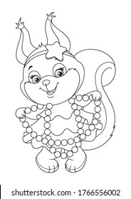 Squirrel in Dress for Christmas Party Coloring Page. Black and white cartoon illustration