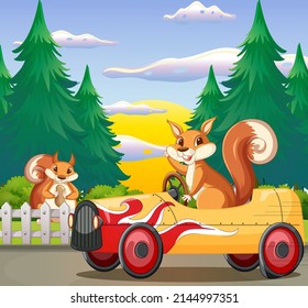 A squirrel driving on island illustration