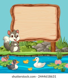 Squirrel, ducks, and signboard by a tranquil pond