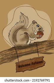 Squirrel Eating Acorn Nut Sitting On Tree Branch Welcome Autumn Theme Vector Illustration. Hand-drawn Texture Design Brown Background. Social Media Post, Website, Greeting Card, Poster Digital Graphic