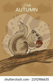 Squirrel Eating Acorn Nut Sitting On Tree Branch. Hello Autumn Theme Vector Illustration. Hand-drawn Texture Design Brown Background. Social Media Post, Website, Greeting Card, Poster Digital Graphic