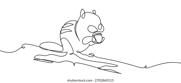 Squirrel is eating acorns, one line in a row. Minimalist simple linear style. Vector outline illustration.