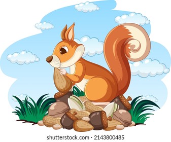 Squirrel eating nut in the garden illustration