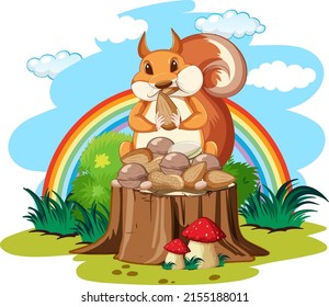 Squirrel eating nut on the log illustration