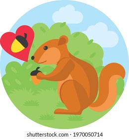 Squirrel eating nuts Concept, Wildlife or forestVector Color Icon Design, Nature Lover Symbol on White background, Heart in nature Stock illustration, Beautiful scenery Ideas in Round Shape,
