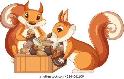 A squirrel eating nuts on white background illustration