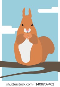 Squirrel eating on a tree branch with the sky behind. Flat style vector illustration.