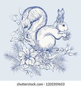 Squirrel eating a pine cone sitting on a Christmas wreath.  Graphic drawing, engraving style. vector illustration.