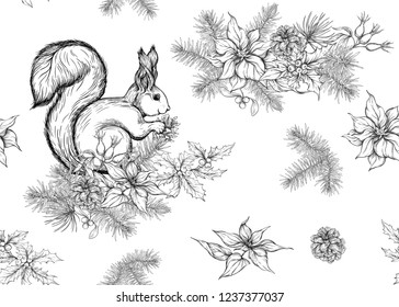 Squirrel eating a pine cone sitting on a Christmas wreath. Seamless pattern, background.  Graphic drawing, engraving style. vector illustration.
