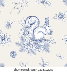 Squirrel eating a pine cone sitting on a Christmas wreath. Seamless pattern, background.  Graphic drawing, engraving style. vector illustration.
