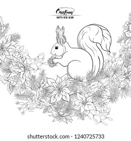 Squirrel eating a pine cone sitting on a Christmas wreath.  Outline hand drawing vector illustration. Ñoloring page for the adult coloring book.